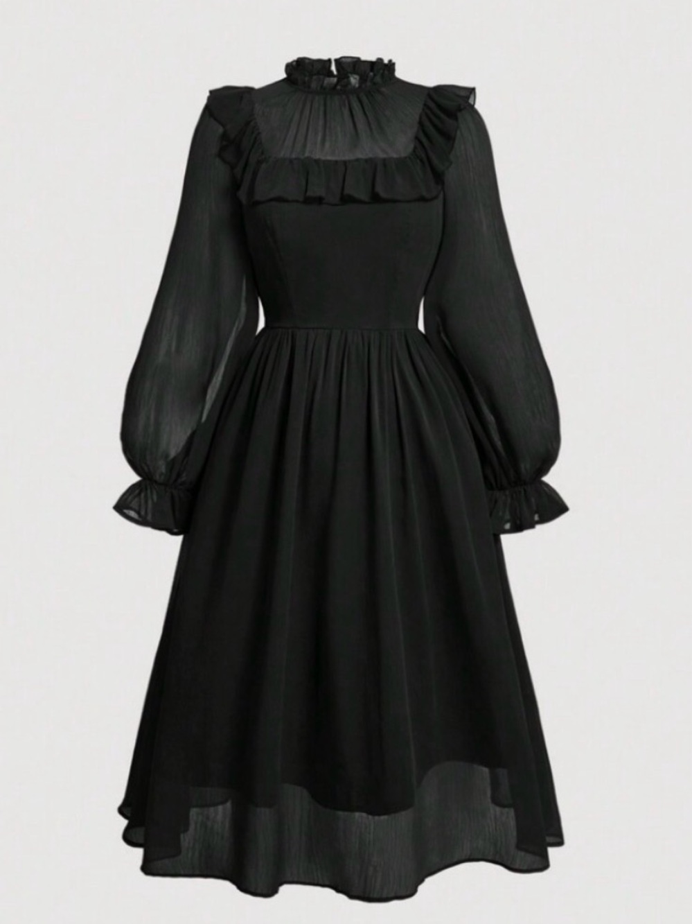 (NEW) SHEIN Black Ruffle High-Neck Midi Dress
